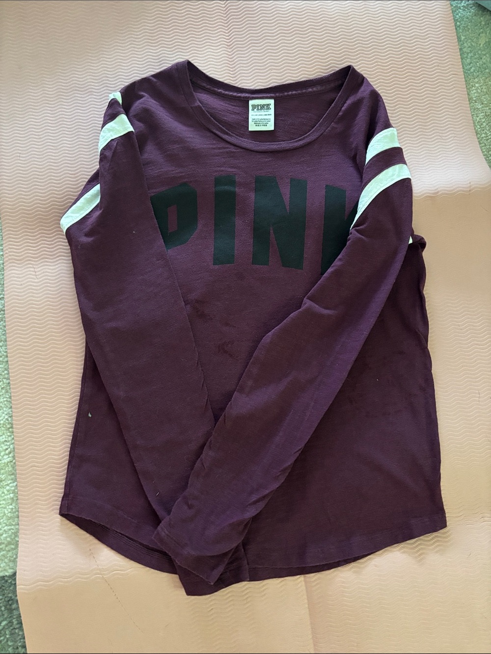 PINK Victoria's Secret Maroon Long-Sleeve Logo Top with White Sleeve Stripes